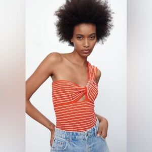 Commense Asymmetrical One Shoulder Knit Top with Orange and White Stripes Small